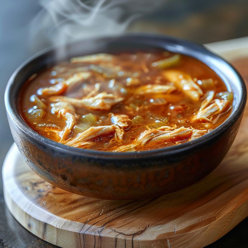 Close-up of a bowl filled with chicken enchilada soup, showcasing textures of chicken, beans, and broth.