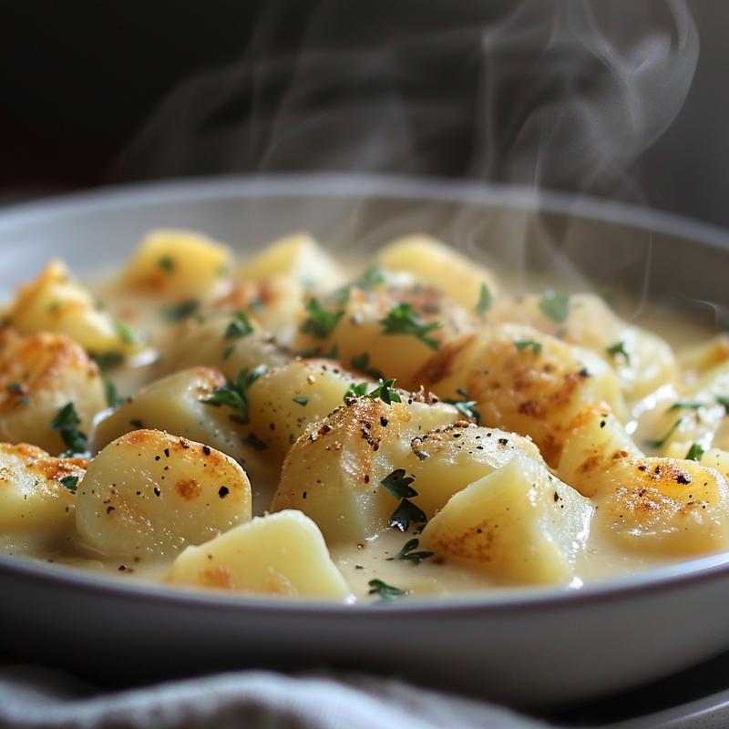 Close-up of creamy hashbrown potato soup in a grey ceramic bowl with steam rising.