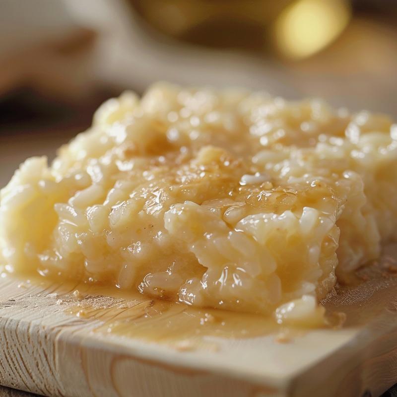 Close-up of creamy, dairy-free rice pudding in a minimalist setting on a wood board.