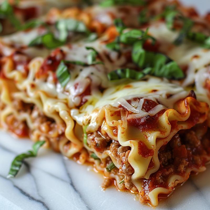 Close-up of lasagna roll ups with visible layers of cheese and sauce on a marble surface.