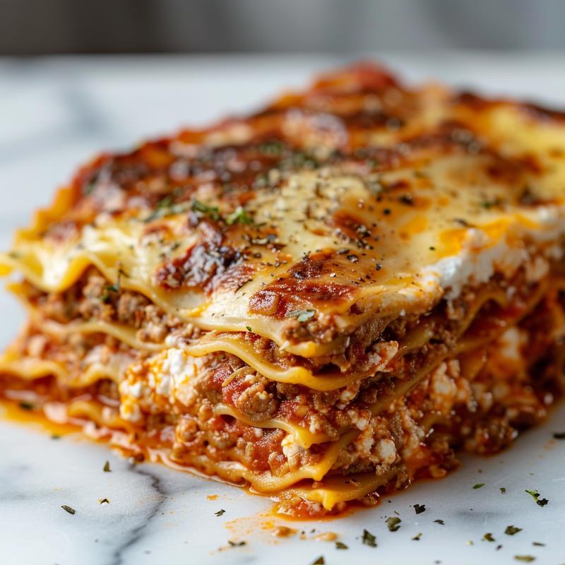 A close-up view of a slice of cheesy cottage cheese lasagna on a marble surface.