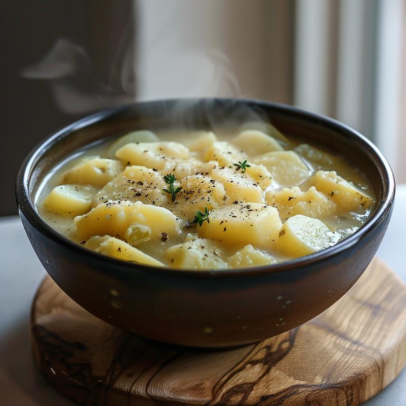 Close-up of a creamy potato soup in a minimalist bowl on a light wood surface.