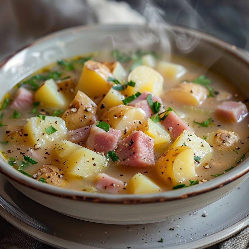 A close-up of creamy ham and potato soup in a grey ceramic bowl, with steam rising.