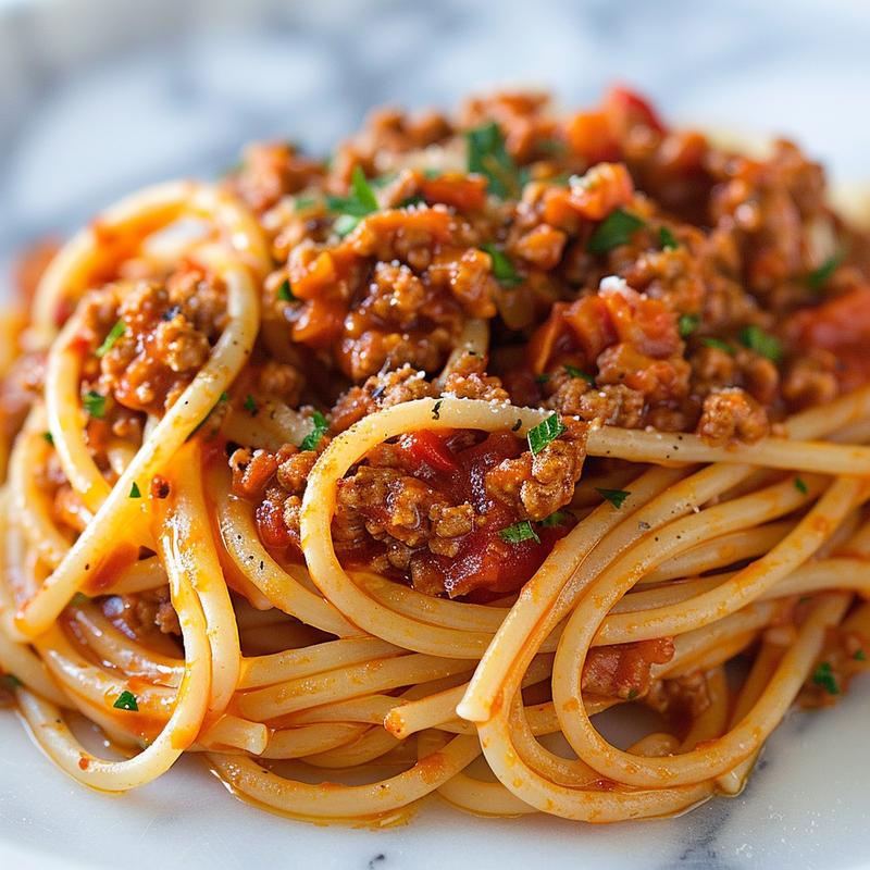 A vibrant close-up of rich spaghetti bolognese on a white marble surface.