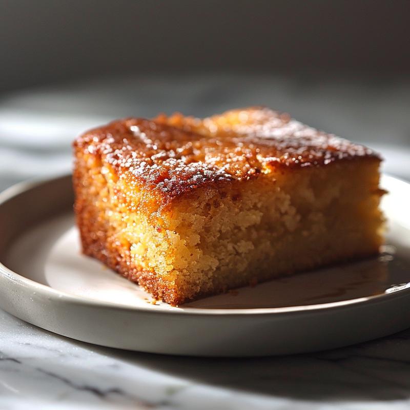 A close-up of a perfectly cut slice of cake on a white marble plate.