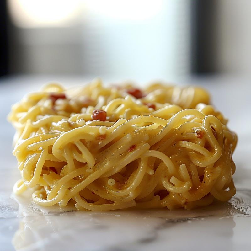 Close-up of a creamy spaghetti carbonara with crispy bacon bits on a white marble surface.