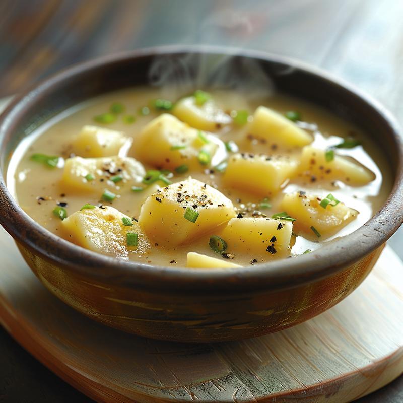 Close-up of a creamy potato soup in a white bowl on a wooden board.