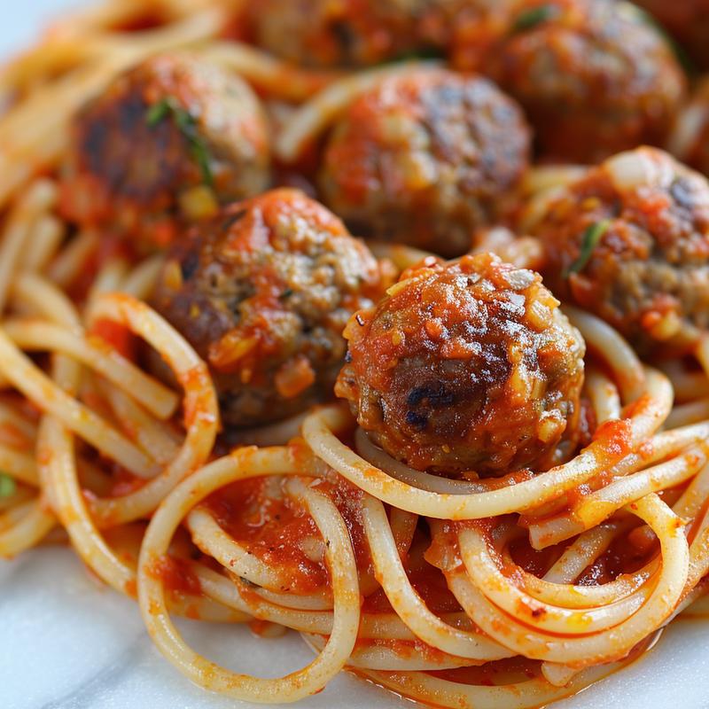 Close-up of spaghetti and meatballs on a white marble surface, showcasing rich tomato sauce and fresh basil.