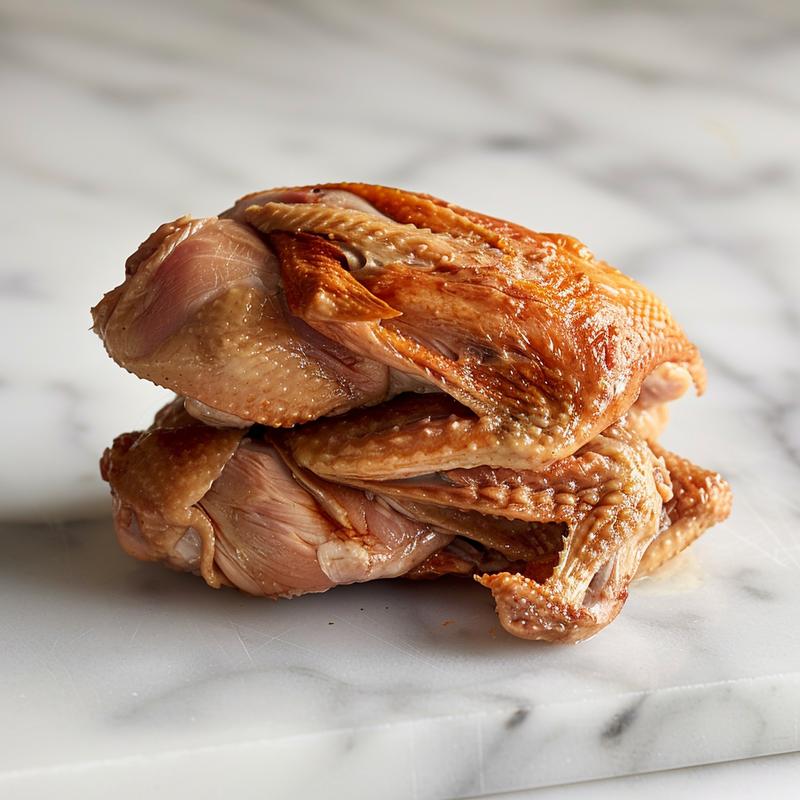 A close-up of a portion of smoked whole chicken on a white marble surface, showcasing its texture and color.