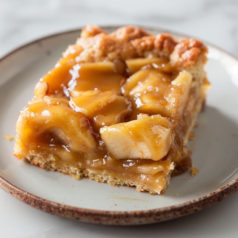 A close-up of a slice of caramel apple dump cake on a plate, showcasing its texture against a white marble background.