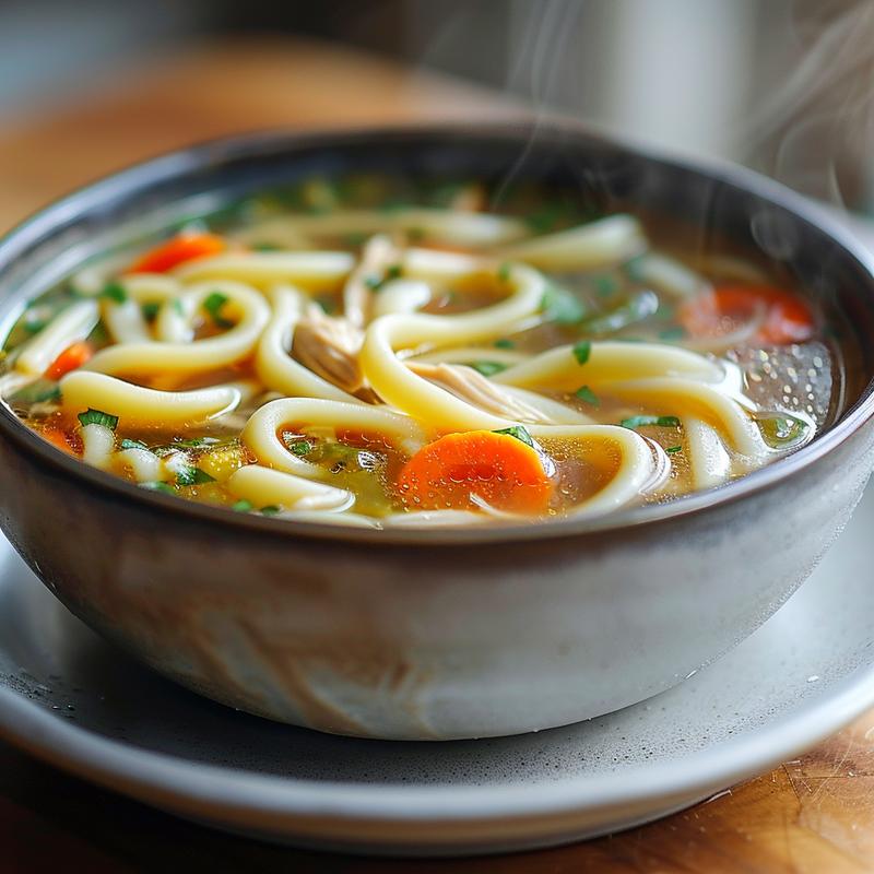 Close-up of a bowl of classic chicken noodle soup, featuring noodles, chicken pieces, and vegetables in broth.