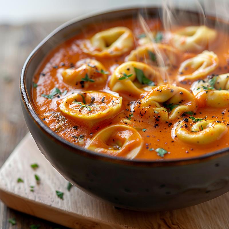 Close-up of a bowl of creamy tomato tortellini soup on a wooden board, with steam rising.