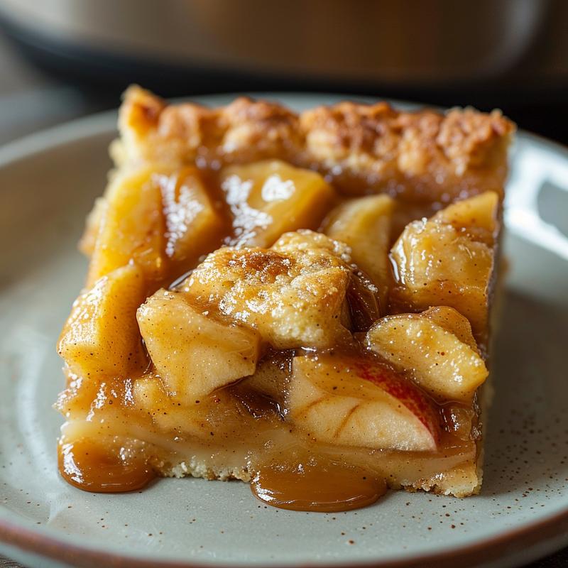 A close-up of a slice of warm caramel apple dump cake on a light grey plate.