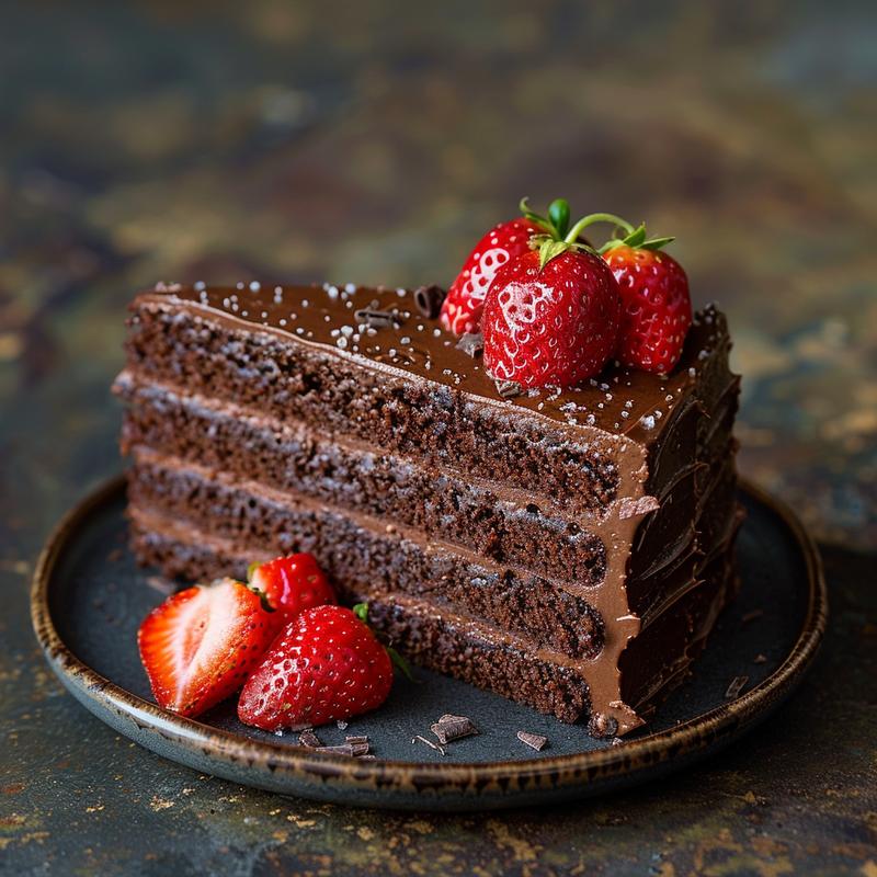 Close-up of a slice of strawberry chocolate cake on a dark plate, showcasing rich textures and colors.