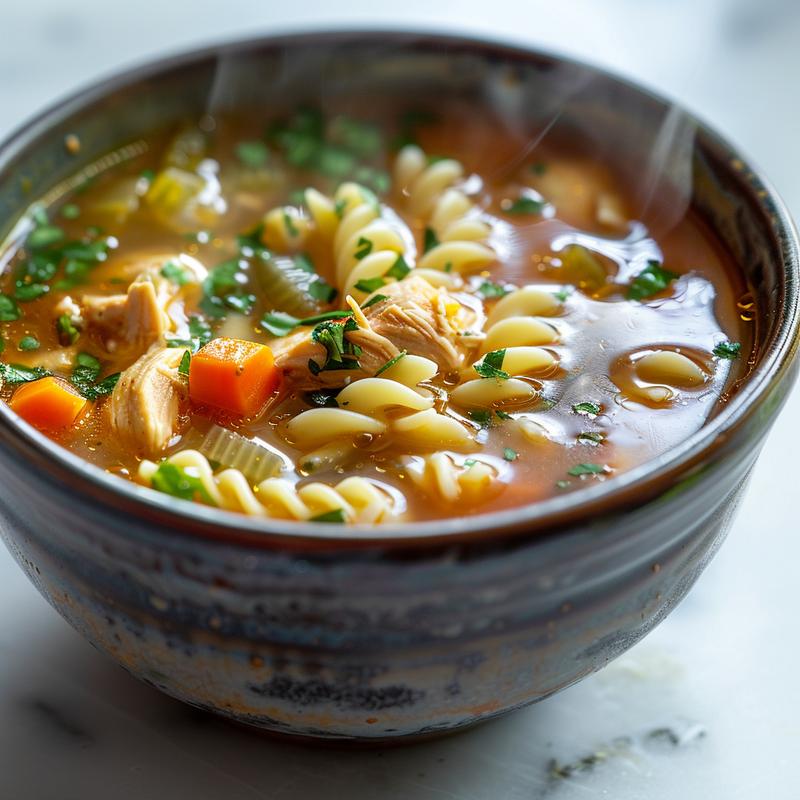 A close-up of a bowl of chicken noodle soup with steam rising, set on a white marble surface.