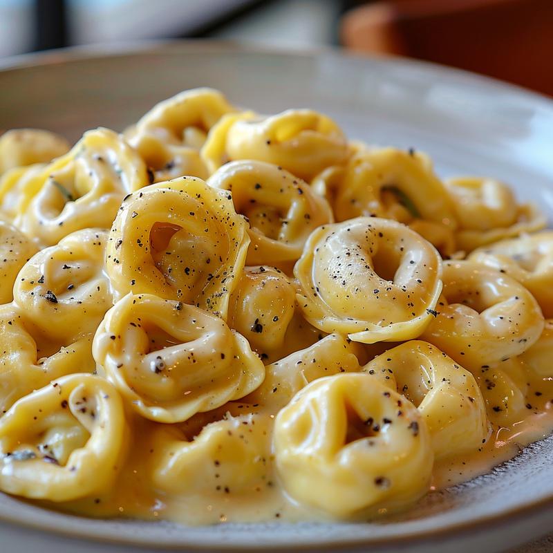 A close-up view of creamy tortellini carbonara on a light grey ceramic plate with defined textures.