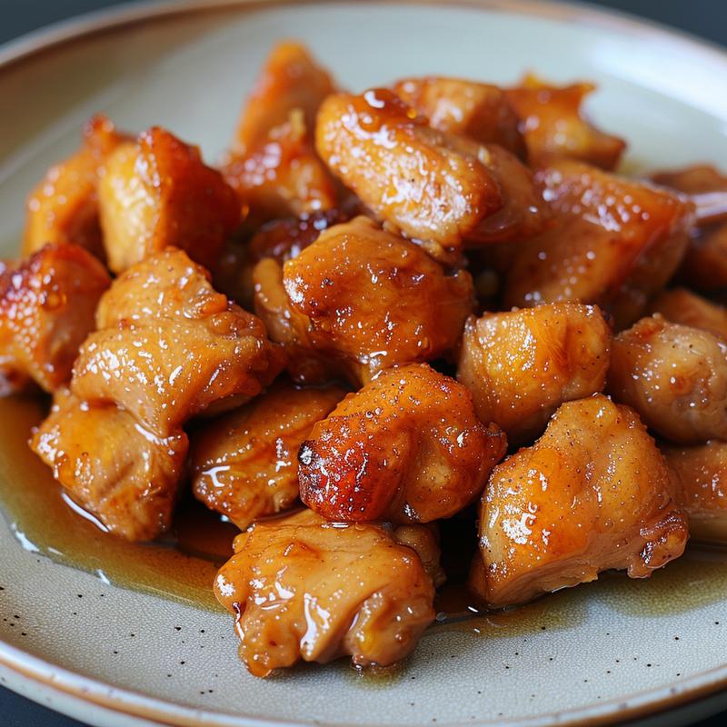A close-up view of a portion of honey chicken on a grey ceramic plate.