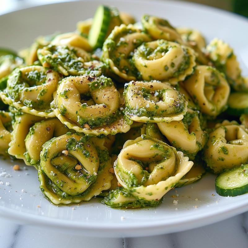 A vibrant, close-up view of a bowl of tortellini pasta salad with pesto, showcasing fresh ingredients.