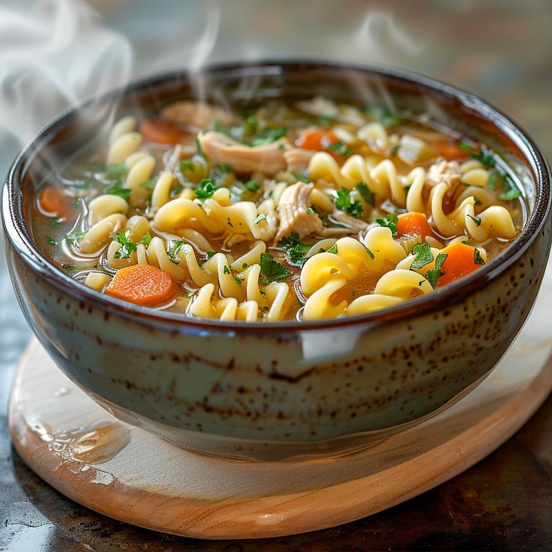 Close-up of a steaming bowl of chicken noodle soup on a wooden board.