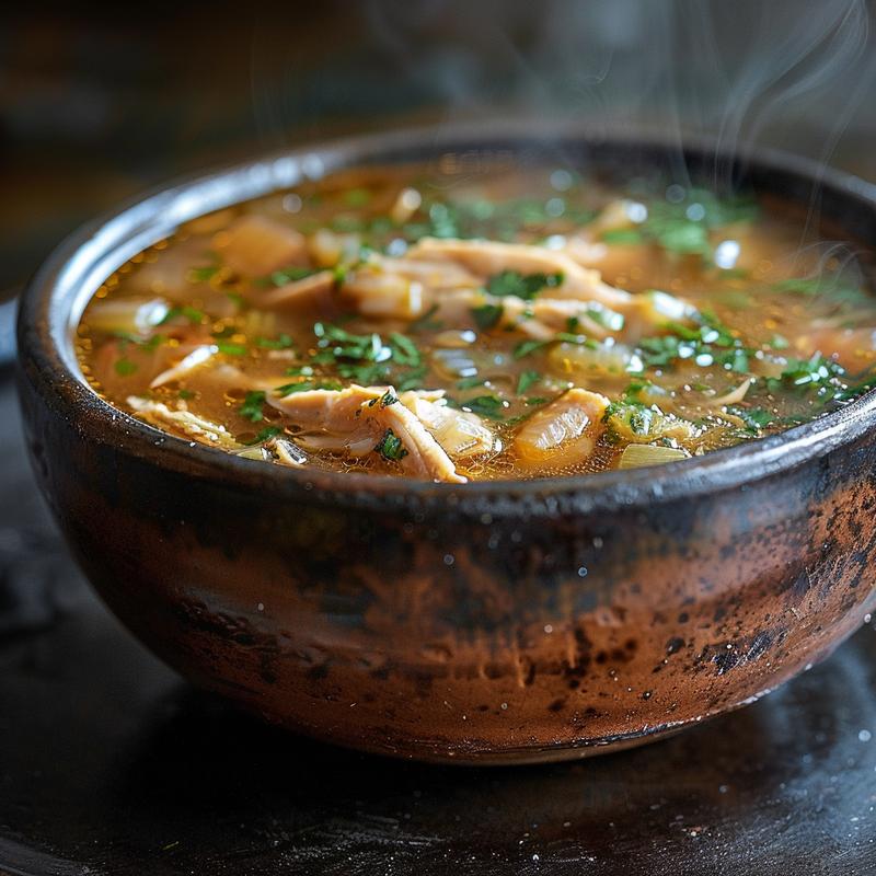 Close-up of a bowl of steaming roasted chicken soup on a rustic cast iron surface.