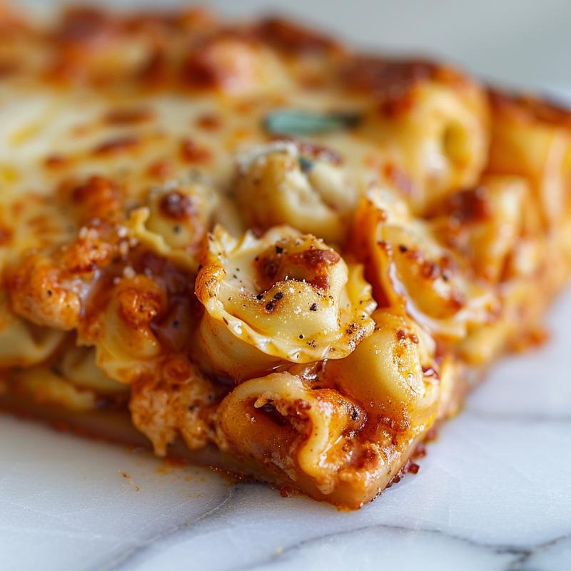Close-up of a baked tortellini casserole, showcasing golden cheese and pasta in a minimalist setting.