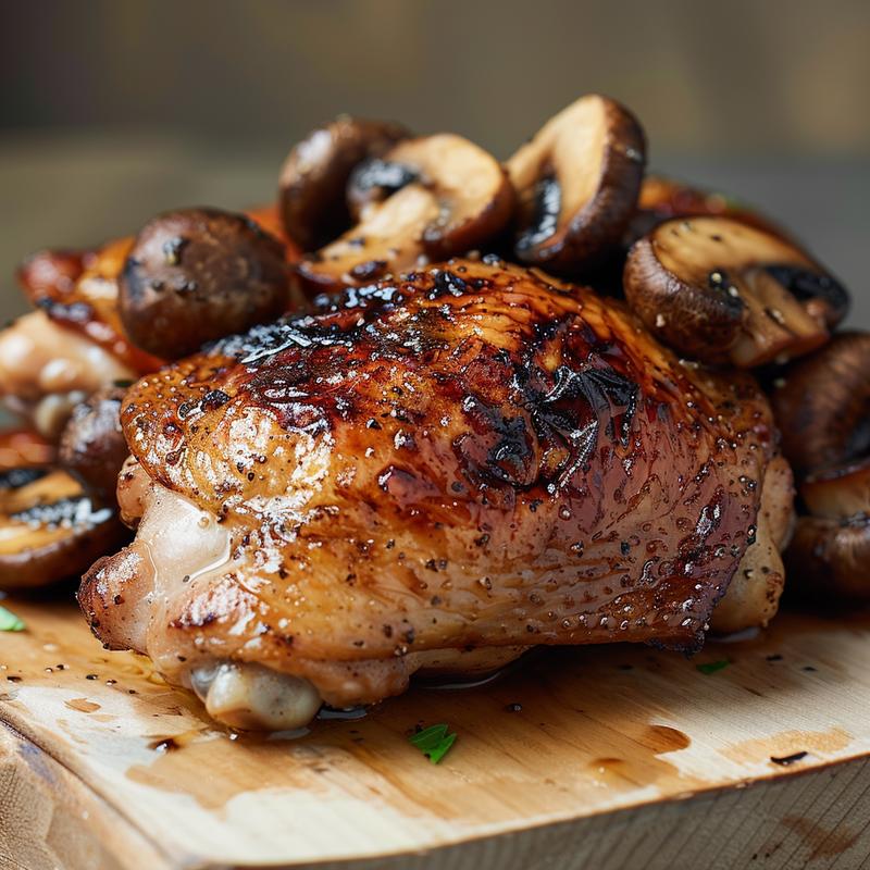 Close-up of savory chicken thighs with mushrooms on a wooden board, showcasing texture and color.