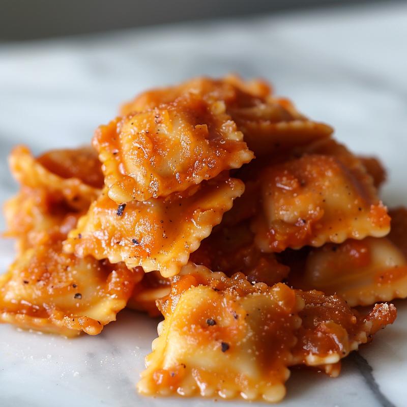 Close-up view of glossy easy ravioli sauce on a white marble surface.
