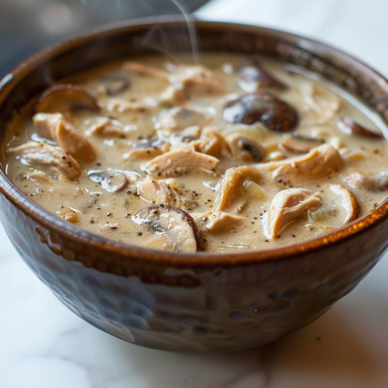 A close-up of a bowl of creamy chicken and mushroom soup, lightly steaming on a marble surface.