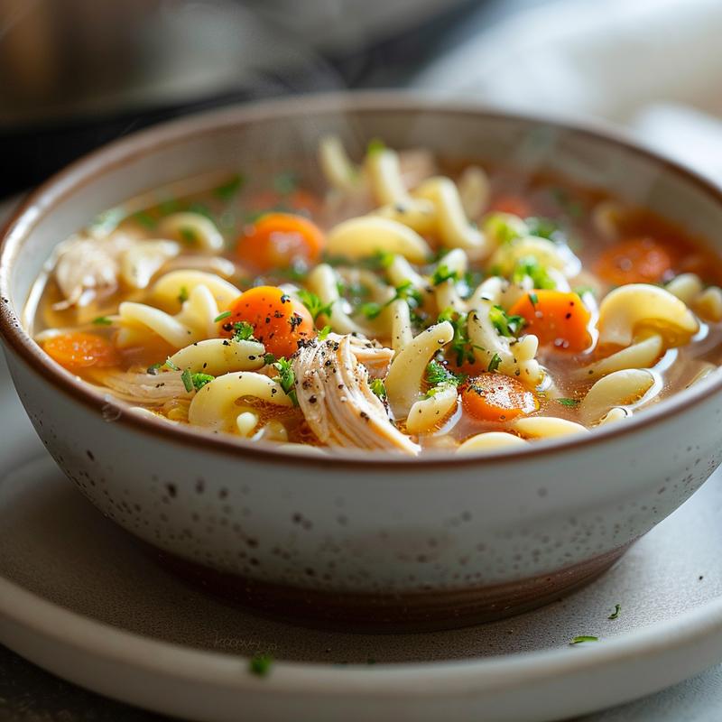 A close-up of a bowl of chicken noodle soup with steam rising, featuring noodles, chicken, and vegetables.