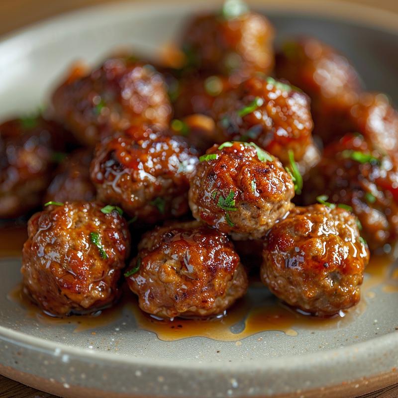 Close-up of low carb crockpot meatballs on a light grey ceramic plate.