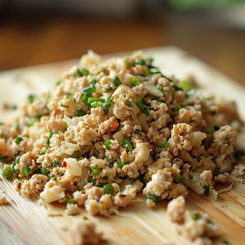 Close-up of a textured ground chicken filling on a light wood board.