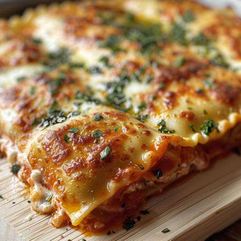 Close-up of a delicious portion of ravioli casserole served on a light wood board.
