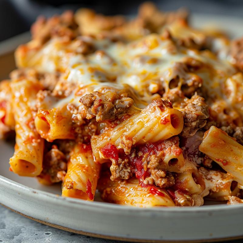 Close-up of cheesy baked ziti on a light grey plate, showcasing rich textures and melted cheese.