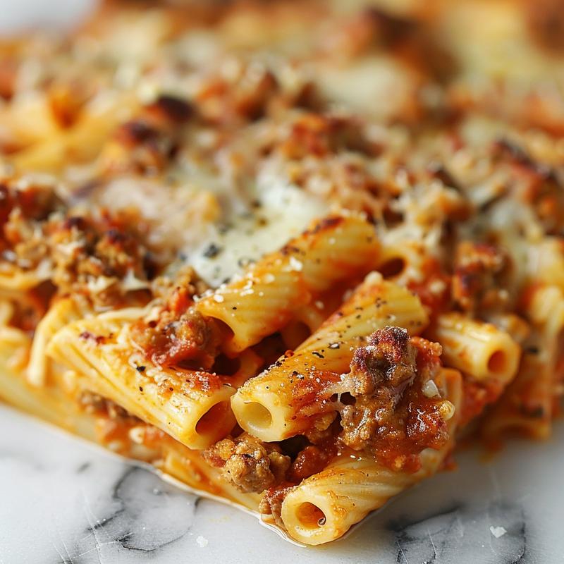 Close-up of a serving of baked ziti with melted cheese and pasta on a marble surface.