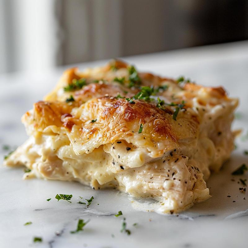 Close-up of creamy keto crockpot chicken alfredo served on a white marble surface.