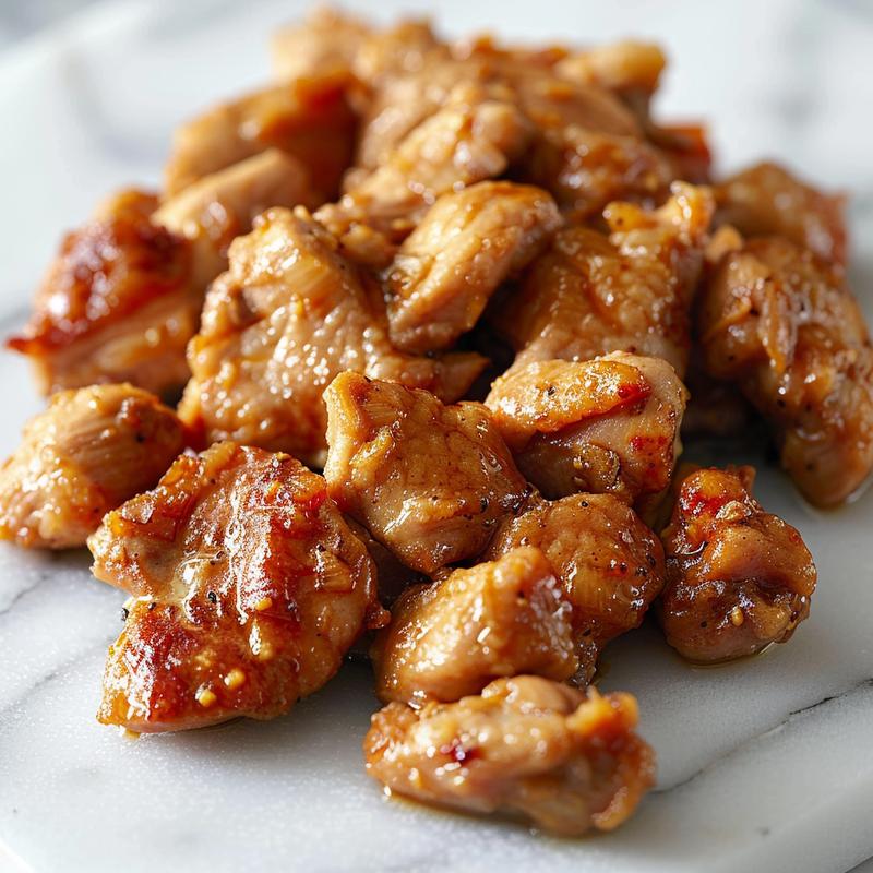 Close-up of juicy, tender crockpot keto chicken portions on a white marble surface.