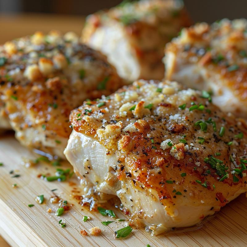 Close-up of creamy garlic parmesan chicken on a light wood board.
