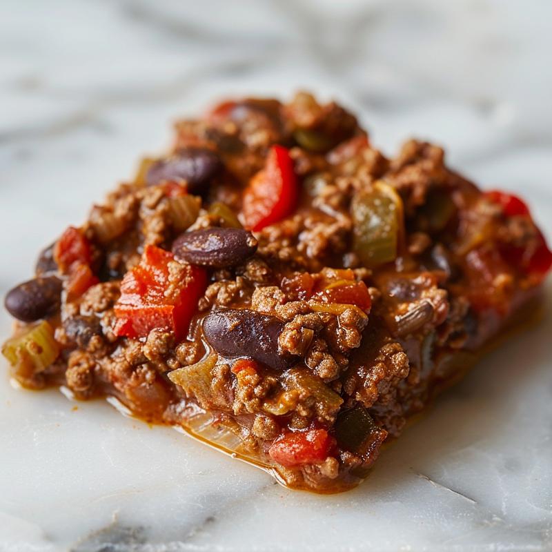 Close-up of a bowl of keto crock pot chili with rich textures and vibrant spices on a white marble surface.