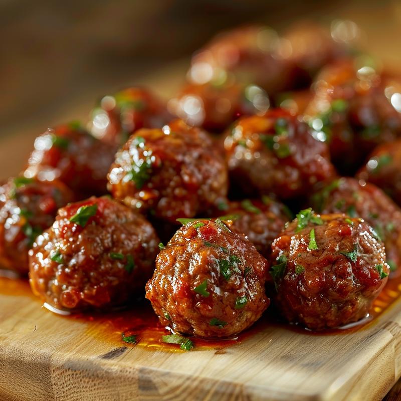 Close-up of tender low carb meatballs on a wooden board with natural light highlighting their texture.