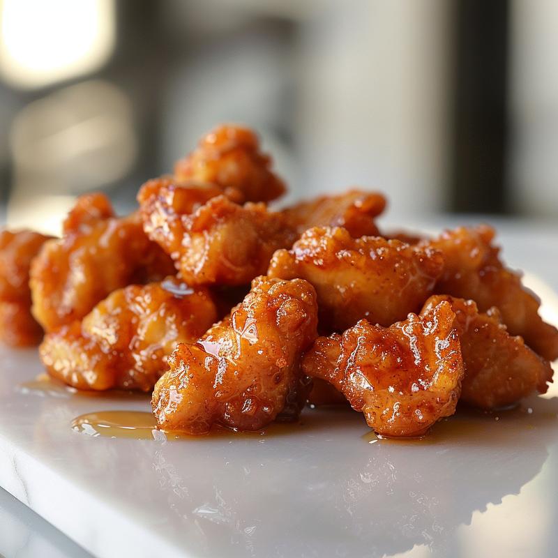 Close-up view of honey garlic chicken breasts on a white marble surface.