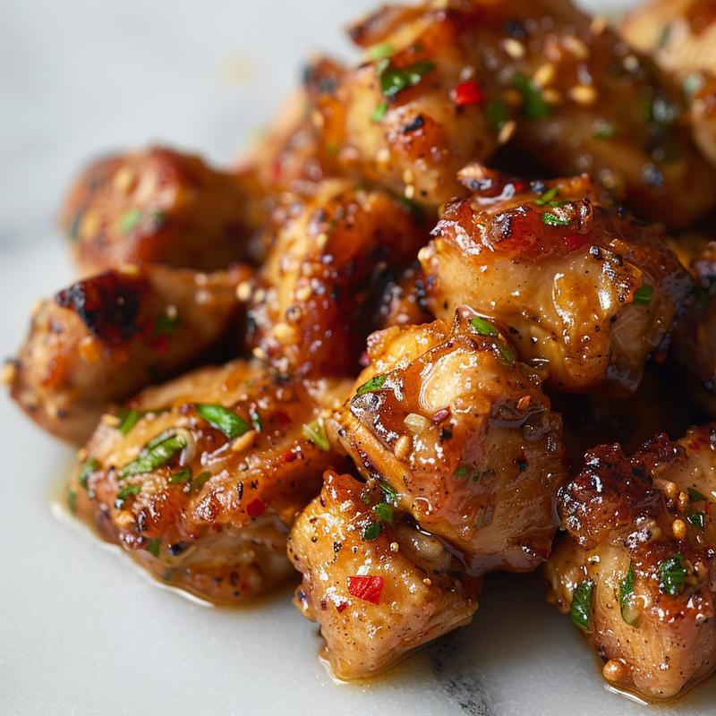 Close-up of honey garlic chicken breasts on a white marble surface.