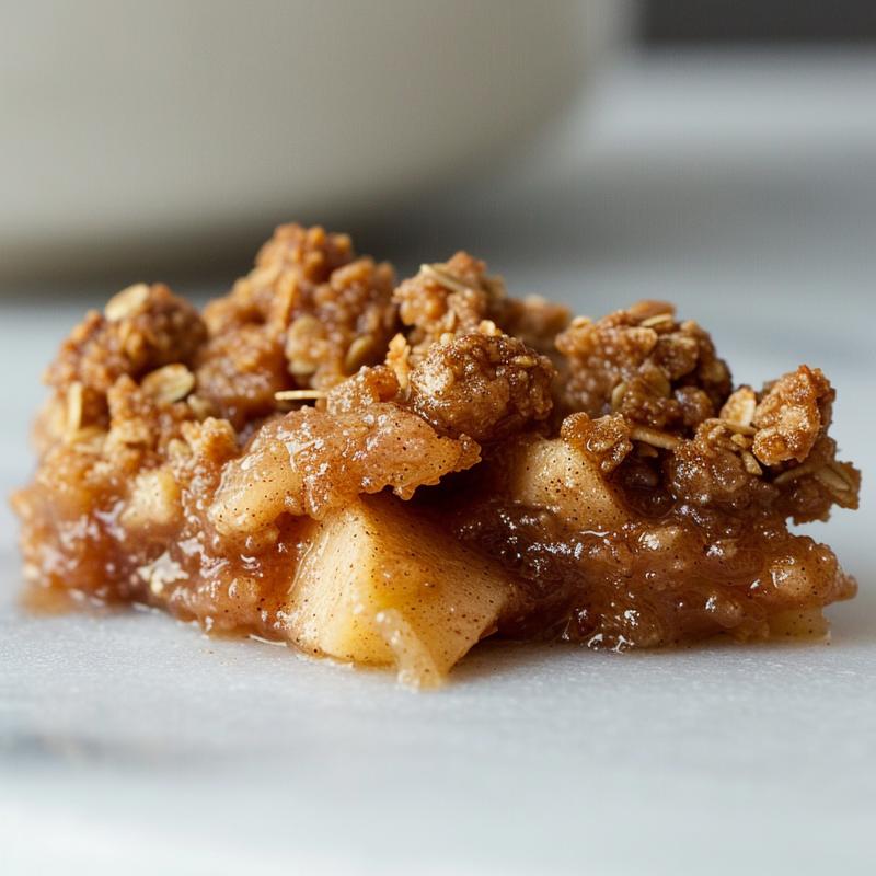 A close-up of a portion of warm, cooked apple crisp topped with golden-brown oats on a white marble surface.