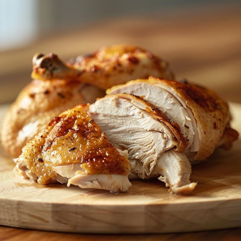 Close-up of a perfectly cooked whole chicken, golden brown and crispy, displayed on a natural wood board.
