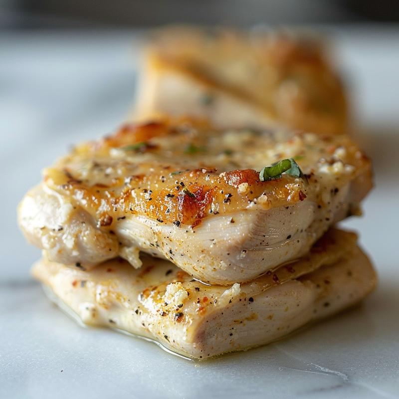 Close-up of keto slow cooker garlic parmesan chicken on a white marble surface.