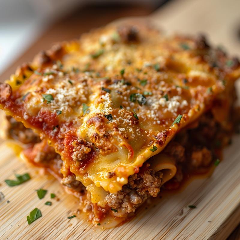 Close-up of a golden-brown baked ravioli casserole with a creamy sauce, presented on a light wood board.