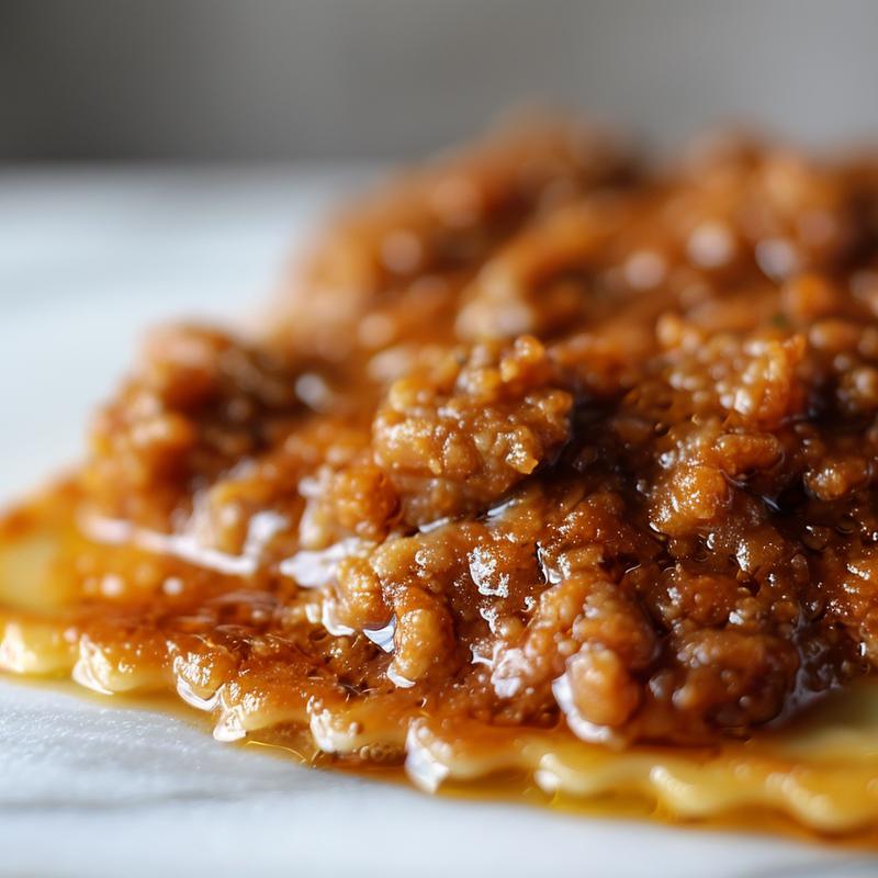 Close-up of a rich, smooth ravioli sauce on a white marble surface.