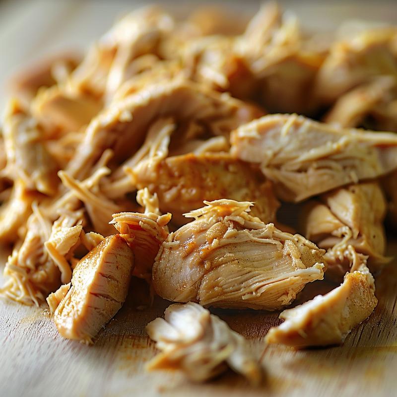 Close-up view of tender, shredded chicken on a light wood board, highlighted by natural lighting.
