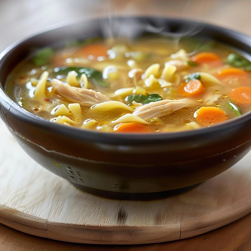 Close-up of steaming chicken noodle soup in a white bowl on a light wood board.