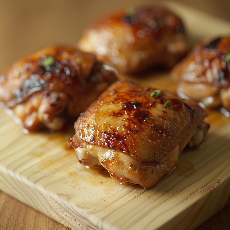Close-up of honey garlic slow cooker chicken thighs on a wooden board.
