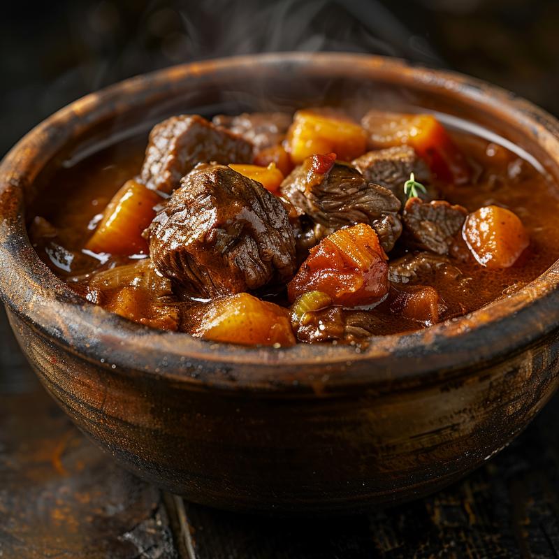 A steaming bowl of slow cooker beef stew on a rustic wooden table, highlighting rich textures and colors.